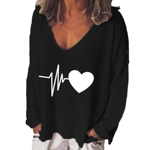 Women's V-neck long sleeve black T-shirt featuring a white heart and heartbeat print design