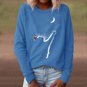 Women's blue round neck sweatshirt featuring a minimalist white cat and moon print