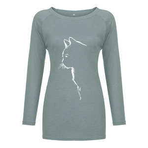 Close-up of minimalist cat line art print and crew neck on a sage green raglan t-shirt