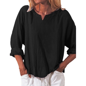 Women's V-neck cotton linen blouse in black with long sleeves and loose fit casual style