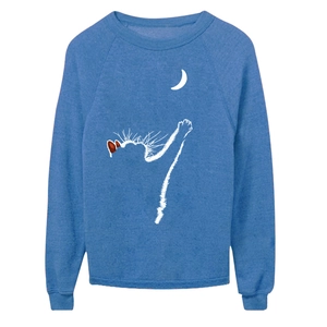 Detail of light blue crewneck sweatshirt featuring a creative white cat and moon print
