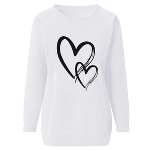 White crewneck sweatshirt with black hand-drawn overlapping heart print for women