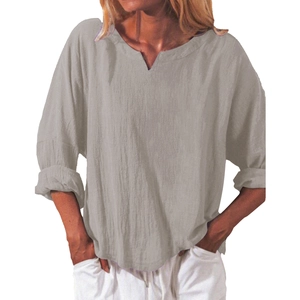 Women's V-neck cotton linen long sleeve blouse in neutral taupe gray, loose fit style