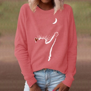 Coral crewneck sweatshirt featuring a creative white cat and moon print for women