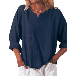 Women's loose-fit cotton linen V-neck shirt in navy blue with casual long sleeves