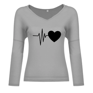 Close-up of V-neck long sleeve tee with heart EKG print and M size label