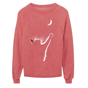 Detail of creative cat and moon print on coral red long sleeve crewneck sweatshirt