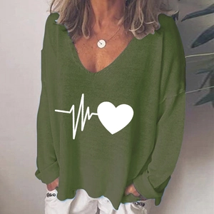 Women's army green V-neck long sleeve shirt with white heartbeat heart graphic print