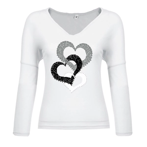 Detail of V-neck collar showing size M label and creative heart print on white long sleeve top