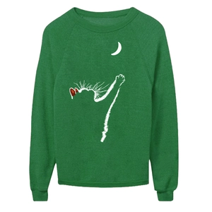 Detailed close-up of cat and moon print on dark green crewneck long sleeve sweatshirt