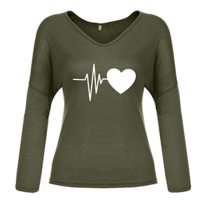 Close-up of the V-neckline and heart pulse print on this army green long sleeve tee