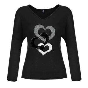Close-up of interlocking heart prints on black V-neck long sleeve T-shirt for women