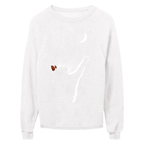 Close-up of white crewneck sweatshirt featuring a minimalist cat and moon graphic print