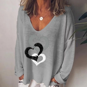 Women's V-neck long sleeve grey T-shirt with triple heart graphic print design