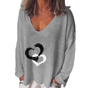 Close-up of the creative triple heart print design on this grey V-neck long sleeve T-shirt