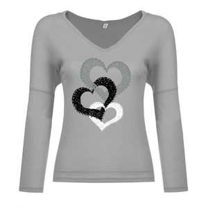 Detail of grey V-neck long sleeve tee with triple heart print and inner M size tag