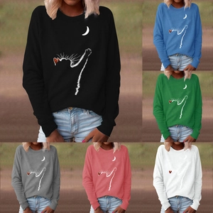 Women Casual Crewneck Long Sleeve Sweatshirt Cotton Blend Cat Moon Print Christmas Gnomes Pullover Loose Fit Fashion Top