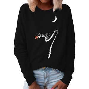 Women's black crewneck sweatshirt with minimalist white cat and moon print