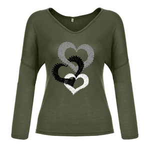 Detail of army green V-neck shirt featuring triple interlocking heart print and size M label