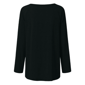 Back view of a black long-sleeve T-shirt with raglan sleeves and a relaxed fit