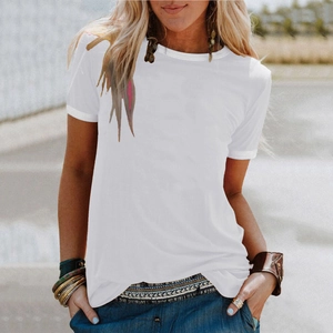 Women's casual loose fit short sleeve white crew neck T-shirt with blue denim jeans