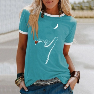 T-shirt da donna color petrolio con stampa grafica di gatto e luna stile retrò