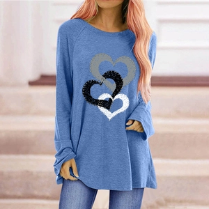 Women's blue long sleeve T-shirt featuring three heart prints and a classic round neck