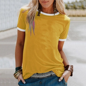 Women's yellow ringer t-shirt with white contrast collar and casual loose fit design