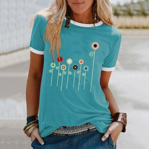 T-shirt estiva da donna verde petrolio con stampa floreale e girocollo bianco a coste