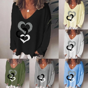 Women's Casual V Neck Long Sleeve T-Shirt Cotton Blend Loose Fit Top With Interlocking Three Hearts Print Daily Streetwear