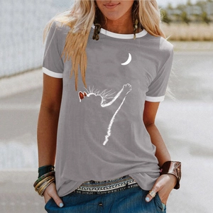 T-shirt estiva grigia da donna con stampa minimalista gatto e luna e bordini bianchi