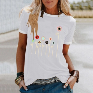 T-shirt bianca da donna con stampa floreale astratta e girocollo stile casual