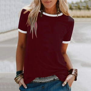 Women's casual burgundy ringer t-shirt with white contrast trim and short sleeves
