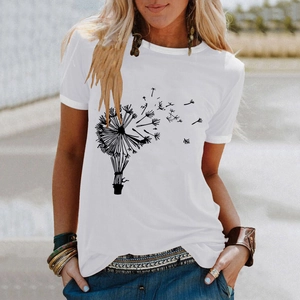 Close-up of artistic dandelion print on white round neck cotton casual t-shirt
