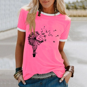 Detail of hot pink dandelion print T-shirt with white contrast collar and round neckline