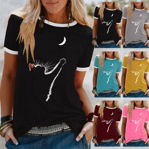 Maglietta Ringer da Donna Estiva Larga Casual Misto Cotone Girocollo Manica Corta Top Stampa Gatto e Luna Streetwear Quotidiano