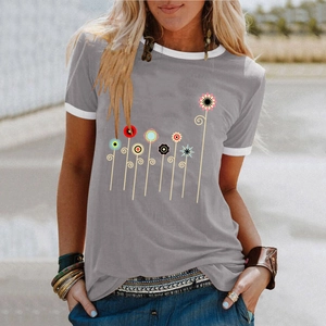 T-shirt da donna a maniche corte con scollo rotondo, stampa floreale e bordi a contrasto