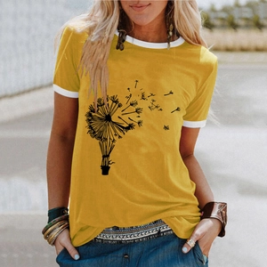 Women's yellow dandelion print t-shirt with white contrast trim and casual loose fit