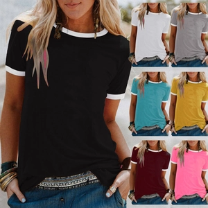 Women Casual Ringer T-Shirt Short Sleeve Round Neck Contrast Color Trim Polyester Basic Tee Top Daily Wear