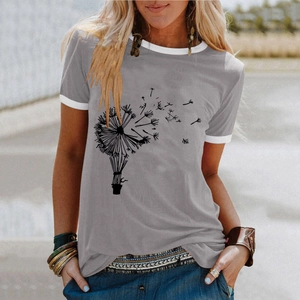 Women's gray dandelion print short sleeve T-shirt with white contrast ribbing details