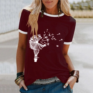 Detail of burgundy T-shirt showing dandelion balloon print and white contrast neckline