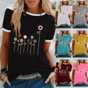 Maglietta da Donna in Misto Cotone Casual Ringer Collo a Contrasto Manica Corta Stampa Floreale Astratta Top Estivo Largo