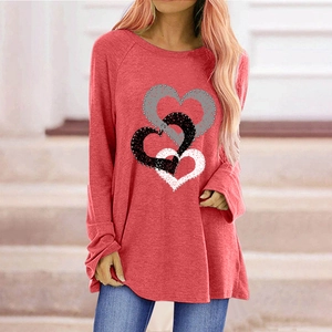 Women's loose long sleeve brick red sweatshirt with creative layered heart print design