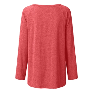 Back view of a loose watermelon red long-sleeve T-shirt with soft knitted texture