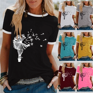 Women Casual Cotton Blend Round Neck Ringer T-Shirt Dandelion Hot Air Balloon Print Loose Short Sleeve Summer Tee Top