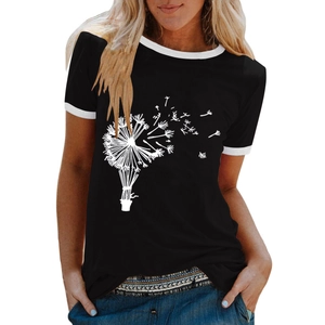 Women's dandelion print ringer t-shirt in black with white crew neck and short sleeves