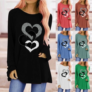Women Casual Long Sleeve T-Shirt Round Neck Raglan Sleeve Heart Print Loose Fit Cotton Blend Top Valentine Day Gift