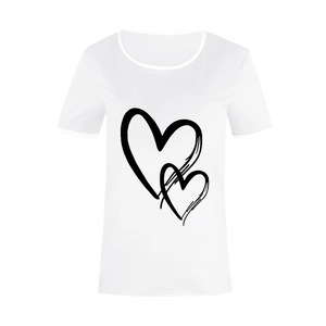 Close-up of heart graphic print on a white short-sleeved cotton T-shirt for women