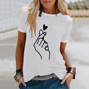 Women's white crew neck short sleeve T-shirt with minimalist finger heart graphic print