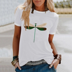 Close-up of realistic green dragonfly print on white crew neck short sleeve t-shirt